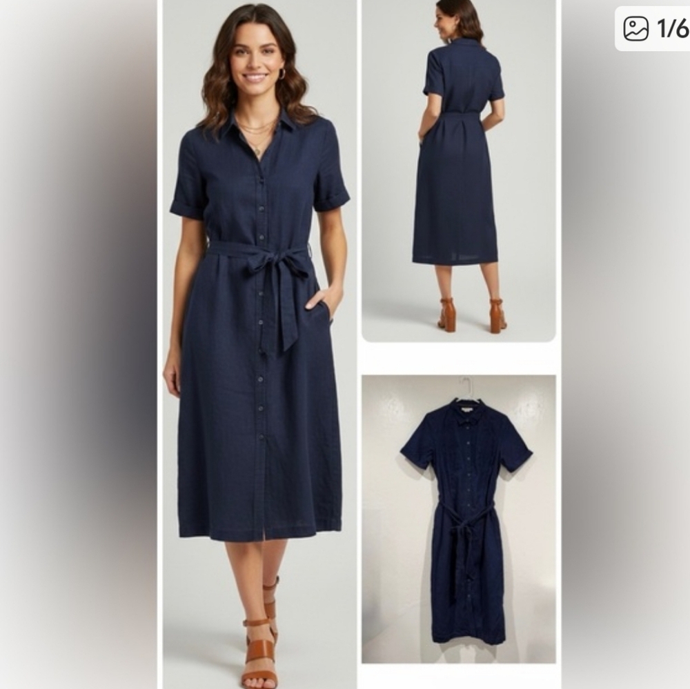 Boden Linen Navy Button-Front Midi Shirt Dress with Tie Waist